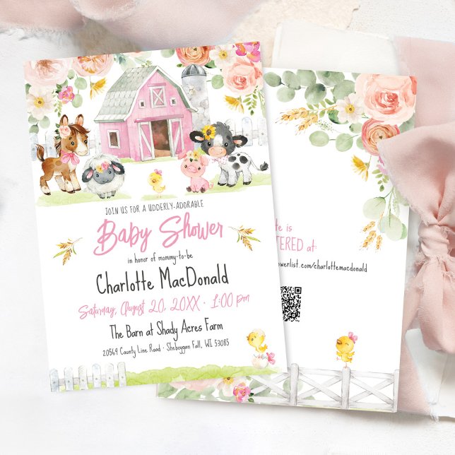 Rosa Barnyard Animals Floral Baby Dusche Einladung (Udderly adorable watercolor floral pink barn farm animals cow chick sunflower bows baby girl shower)