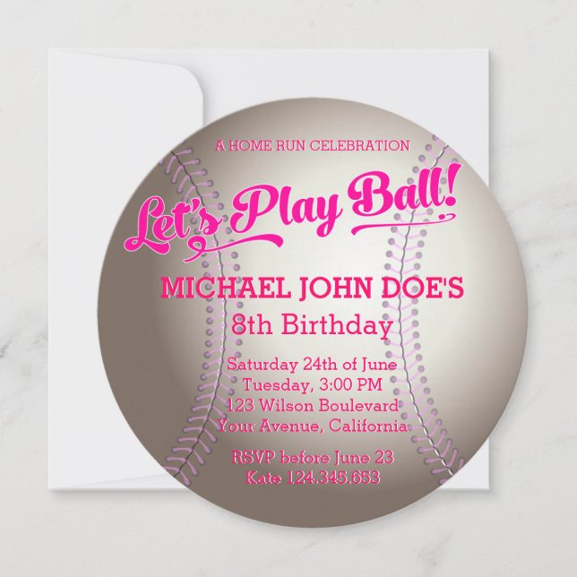 Rosa Baseball Geburtstagspartei Einladung (Vorderseite)