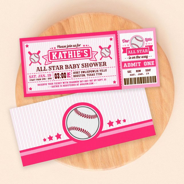 Rosa Baseball Ticket Pass Kinderdusche Einladung (Von Creator hochgeladen)
