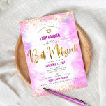 Rosa Bat Mitzvah Golden Fossil Aquarium Moderne Einladung<br><div class="desc">Seien Sie stolz, freuen Sie sich und präsentieren Sie diesen Meilenstein Ihres Lieblings-Bat Mitzvah! Versenden Sie dieses atemberaubende, moderne, funkelnd Imitat-Folie und Glitzer-Punkte und Typografie-Skript vor einem weichen rosa Aquarell Hintergrund, personalisierte Einladung für eine Veranstaltung zu erinnern. Personalisieren Sie den benutzerdefinierten Text mit dem Namen, Datum und Veranstaltungsort Ihres Bat...</div>