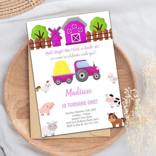 Rosa Bauernhof Geburtstagseinladungen Einladung (Pink Farm Birthday Invitations)