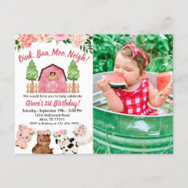 Rosa Bauernhof/Stall 1. Geburtstag Foto Einladung Postkarte