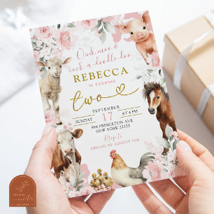 Rosa Bauernhoftier-Baby-Party Einladung