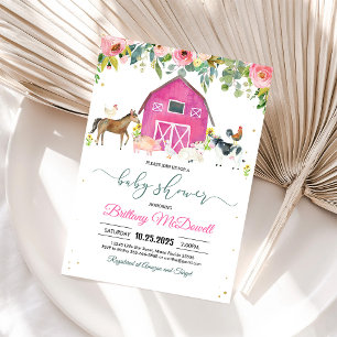Rosa Bauernhoftiere Mädchen Baby Shower Einladung