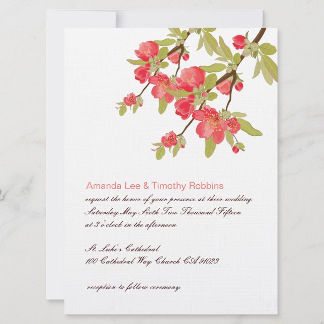 Rosa Baumblüten zum Hochzeitsempfang Einladung (Vorderseite)