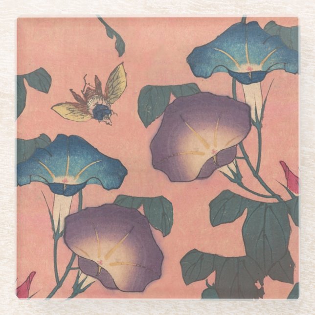 Rosa Bee Blume Classic Hokusai Art Glasuntersetzer (Vorderseite)