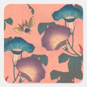 Rosa Bee Blume Classic Hokusai Art Quadratischer Aufkleber