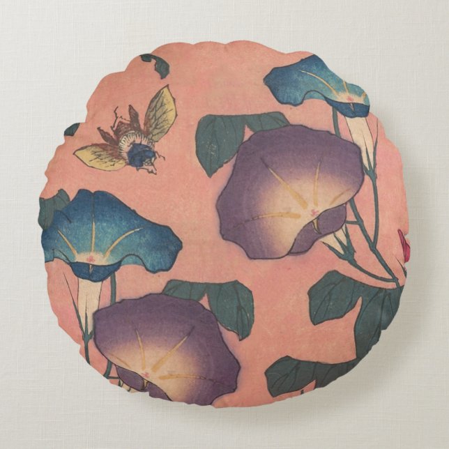 Rosa Bee Blume Classic Hokusai Art Rundes Kissen (Vorderseite)