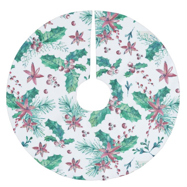 Rosa Beeren und Blume Polyester Weihnachtsbaumdecke (Vorderseite)
