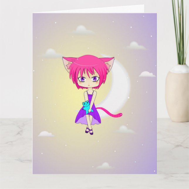 Rosa behaartes Neko Anime-Mädchen, Gruß-Karte Karte (Vorderseite)