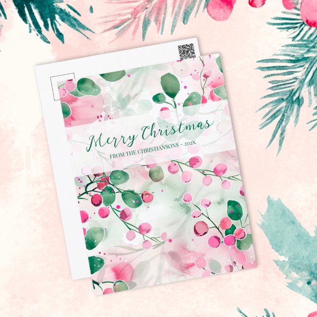 Rosa Berries Elegante Weihnachten (Pink Berries Elegant Floral Christmas Postcard)