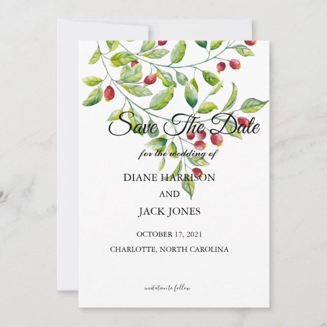 Rosa Berries und grüne Folies Save the Date Einladung (Vorderseite)