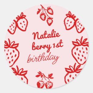 Rosa Berry 1. Hand Drawn Strawberry Girl Geburtsta Runder Aufkleber