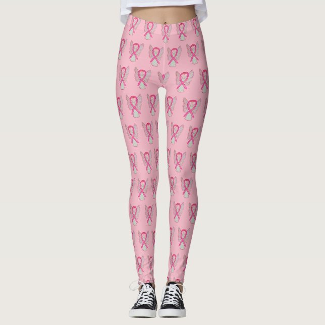 Rosa Bewusstseinsband Engel Brustkrebs Leggings (Vorderseite)