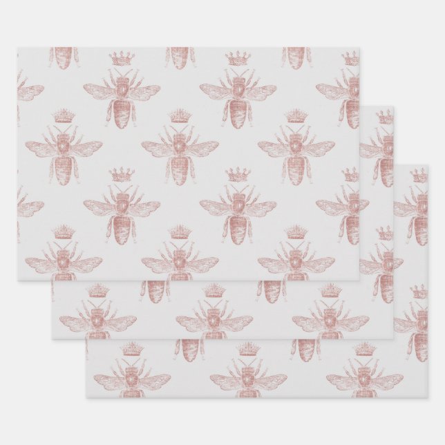 Rosa Bienenköniginnen auf weißer Decoupage Geschenkpapier Set (Set)