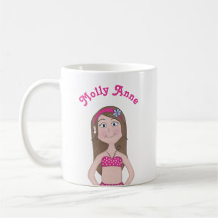Rosa Bikini, helle Haut mit braunen Haaren und bla Kaffeetasse