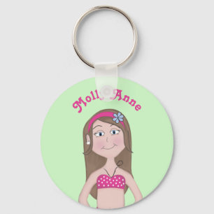 Rosa Bikini, helle Haut mit braunen Haaren und bla Schlüsselanhänger