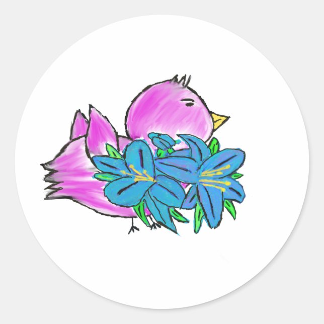 Rosa Bird Blue Blumen Runder Aufkleber (Vorderseite)