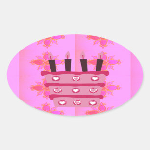 Rosa Birthday Cake Art Print Ovaler Aufkleber