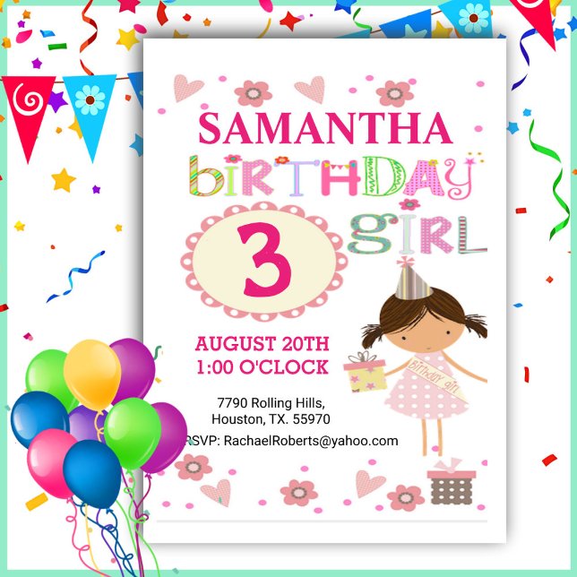 Rosa Birthday Girl Birthday Einladung (Von Creator hochgeladen)