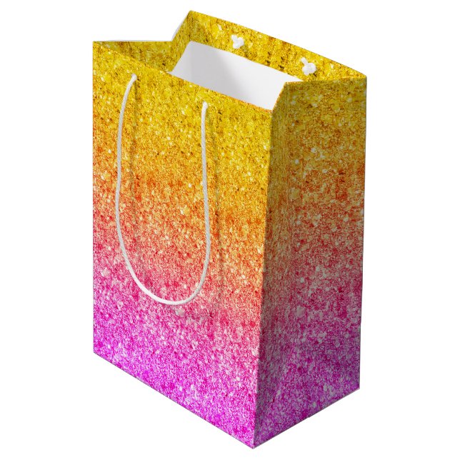 Rosa bis gelbfarbene, glänzende Glitzer-Textur Mittlere Geschenktüte (Rückseite Schrägansicht)