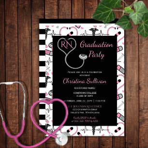 Rosa   Black Medical Nurse Graduation Party Einladung