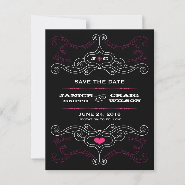 Rosa & Black Rock 'n' Roll Music Themed Wedding Save The Date (Vorderseite)