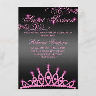 Rosa & Black Sparkle Tiara Geburtstagsfeier Einlad Einladung