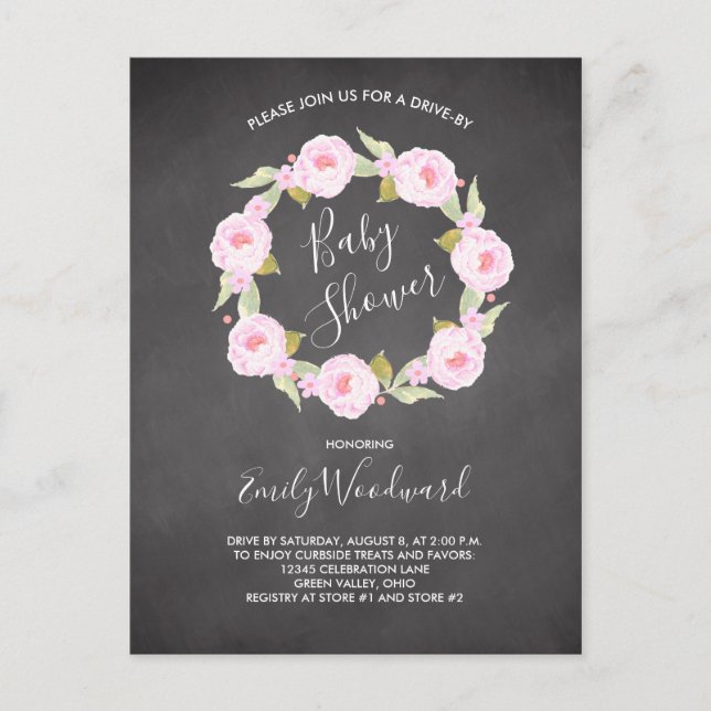 Rosa Bläserkhalkboard Drive-By Girl Baby Shower Postkarte (Vorderseite)