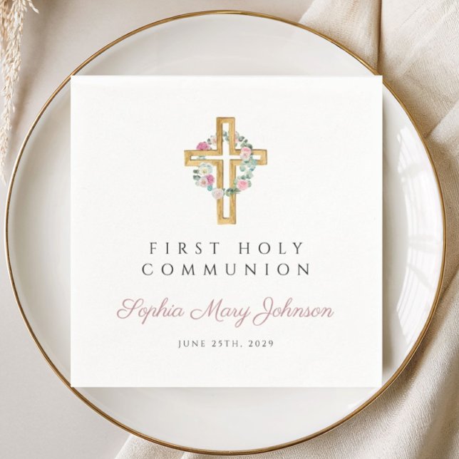Rosa Bläserkraut Girl First Communion Serviette (Pink Floral Wreath Girl First Communion Napkins)