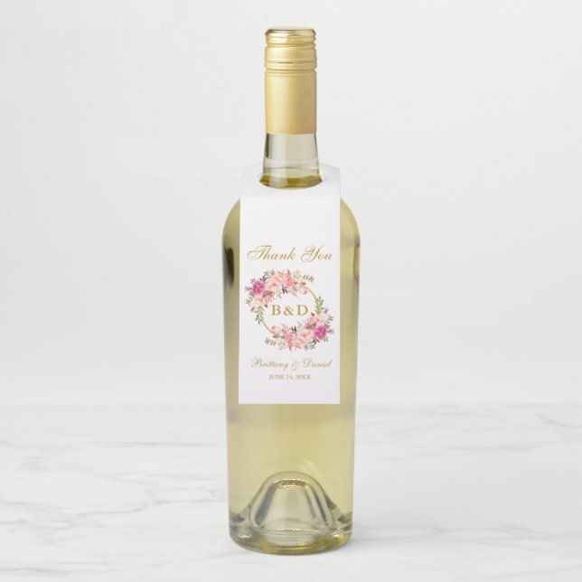 Rosa Bläserkraut-Gold-Monogramm-Hochzeit Flaschenanhänger (Auf Flasche)