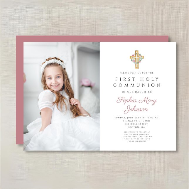 Rosa Bläserkraut Kreuzmädchen Erste Kommune Einladung (Pink Floral Wreath Cross Girl First Communion Invitation)