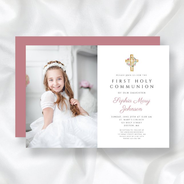 Rosa Bläserkraut Kreuzmädchen Erste Kommune Einladung (Pink Floral Wreath Cross Girl First Communion Invitation)