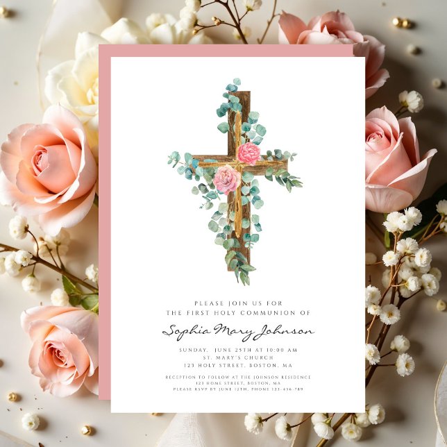 Rosa Bläserkreuz Girl I Einladung (Elegant Pink Floral Cross Girl First Communion Invitation)