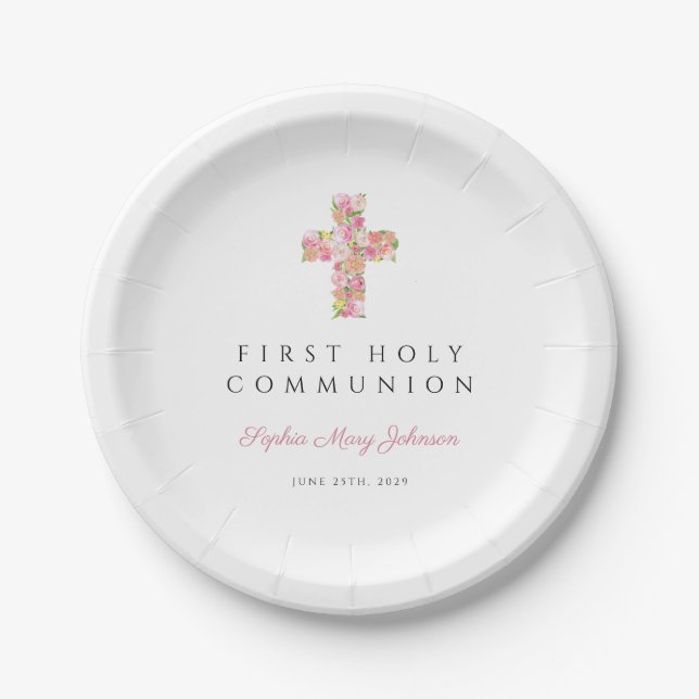 Rosa Bläserkreuz Kirchenmädchen Erste Kommune Pappteller (Vorderseite)