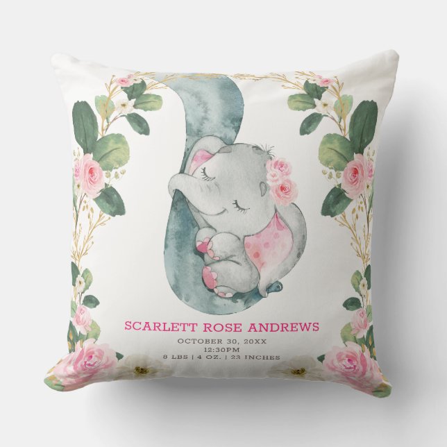 Rosa Bläserlephon Birth Stats Girl Kinderzimmer Kissen (Vorderseite)
