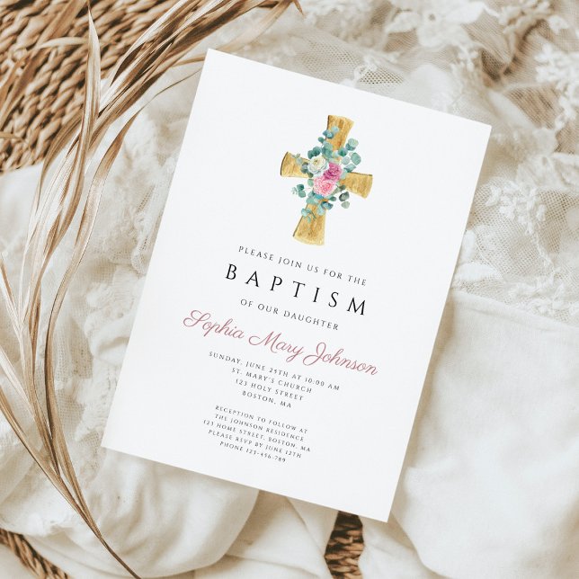 Rosa Bläsernbäume kreuzen Taufen Einladung (Pink Floral Peonies Cross Baptism Invitation)