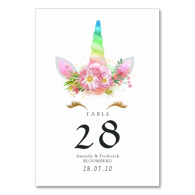 Rosa Bläsernbrenne Unicorn Kinderdusche Tischnummer (Vorderseite)