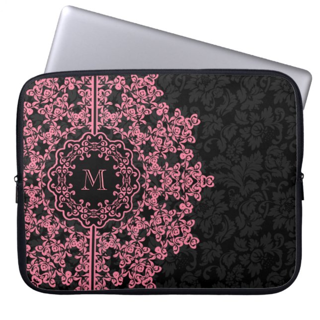 Rosa Bläserne schwarze Damasken Monogrammatikalisc Laptopschutzhülle (Vorderseite)