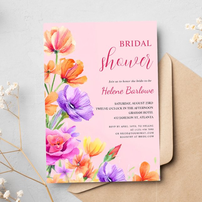 Rosa Bläserner Elegant Boho Wildblume Brautparty Einladung (Pink Floral Elegant Boho Wildflower Bridal Shower Invitation)
