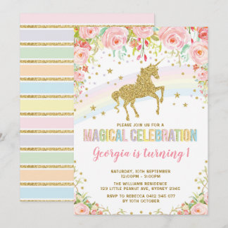 Rosa Bläsernicorn Magisches Birthday Rainbow Party Einladung