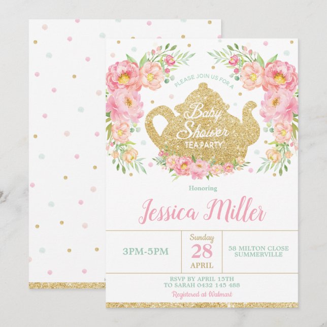 Rosa BläsernMinze Kinderdusche Tee Party Baby Girl Einladung (Vorne/Hinten)
