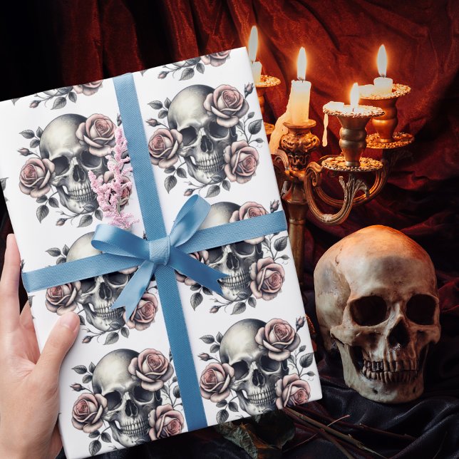 Rosa Bläserskull Gotische Schwarze Linie Kunst Geschenkpapier (Von Creator hochgeladen)