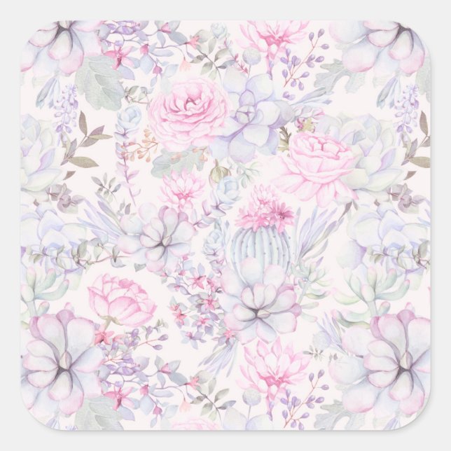 Rosa Bläsersukkulente Illustration Sommermuster Quadratischer Aufkleber (Vorderseite)