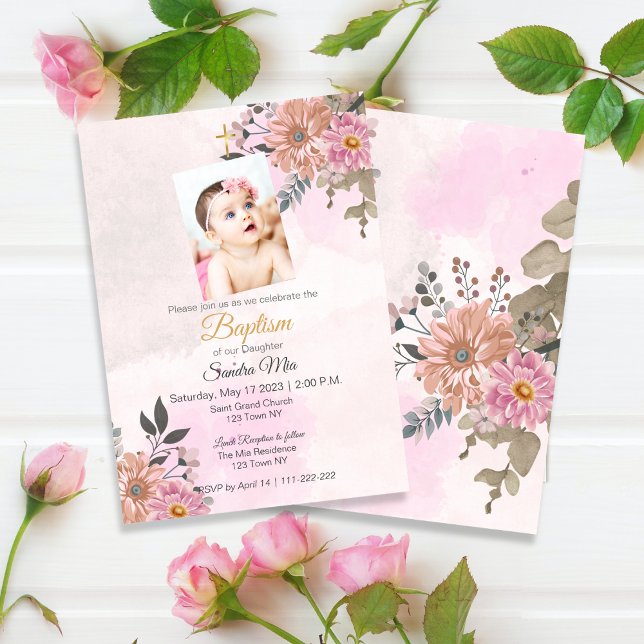Rosa Bläsertaufen Einladung (Pink Floral Baptism Invite)