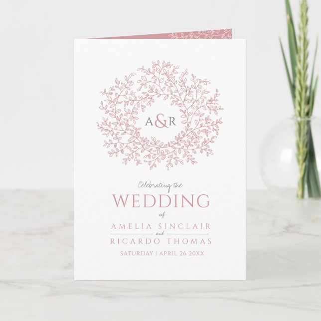 Rosa-Blatt-Monogramm Art-Zwei-Töne-Hochzeit Programm (Vorderseite)