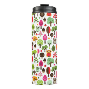 rosa Blattbaum Retro-Eulenmuster Thermosbecher