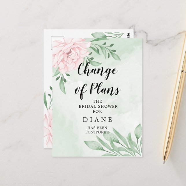 Rosa Blätter ändern das Brautparty Datum Postkarte (Vorderseite/Rückseite Beispiel)