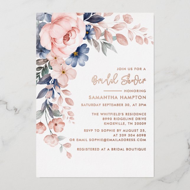 Rosa Blätter Brautparty Rose Gold Folieneinladung (Vorderseite)