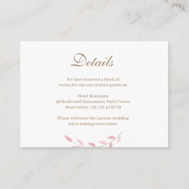 Rosa Blätter Gold White Wedding Hotel - Details Begleitkarte (Vorderseite)